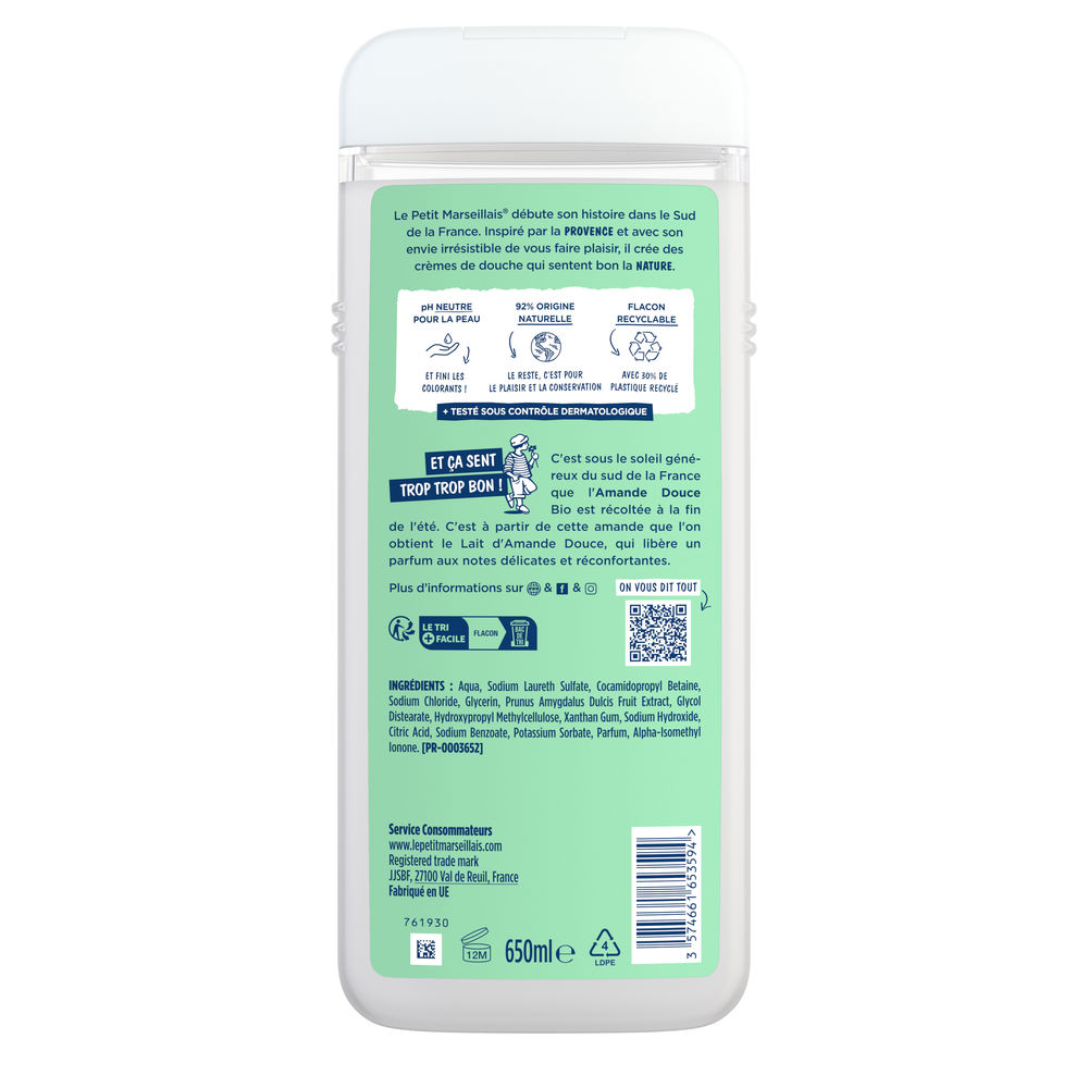 Gel Douche Hydratant Et Nourrissant Lait D'amande Douce Bio Le Petit Marseillais Le Flacon De 650ml - vue 3